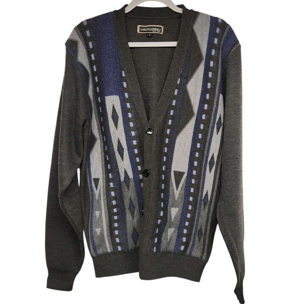 Alberto Cardinali Men's Buttoned Front Cardigan Sweater Size S Geometric Gray
